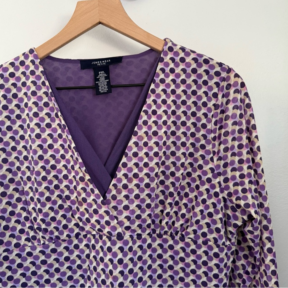 90s Y2K Petite XL Purple Polka Dot Blouse V Neck Surplice Babydoll Preppy Office - Picture 4 of 6